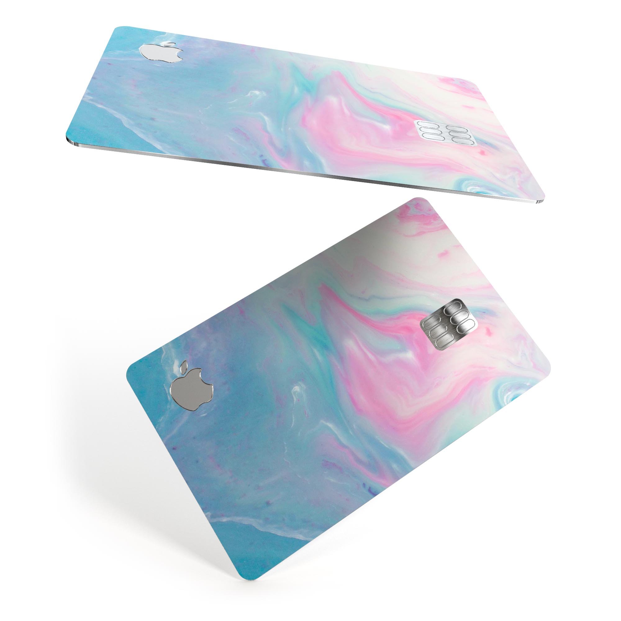 Marbleized Pink and Blue Paradise V482 decal applied on an Apple Card, showcasing its stylish design and premium finish.